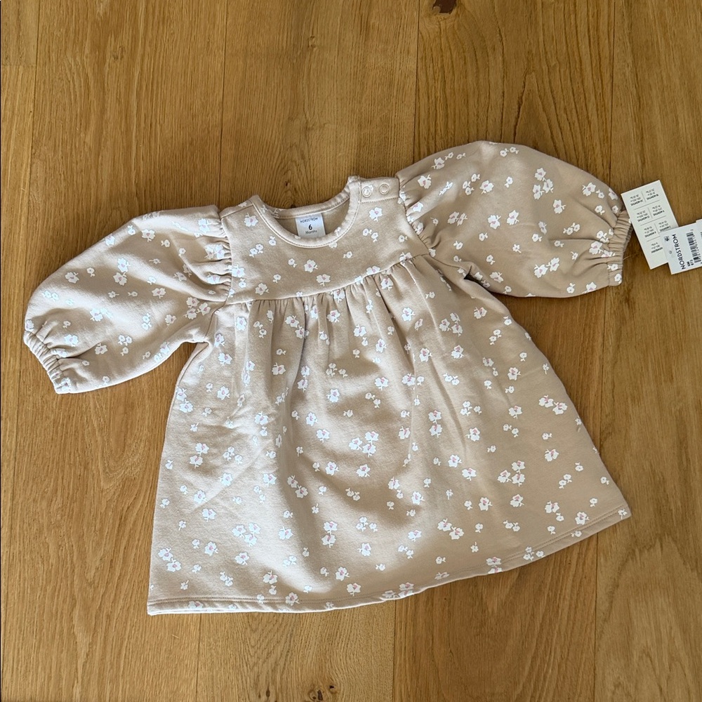 Nordstrom Beige Fleece Lined Floral Baby Dress - New with Tags!